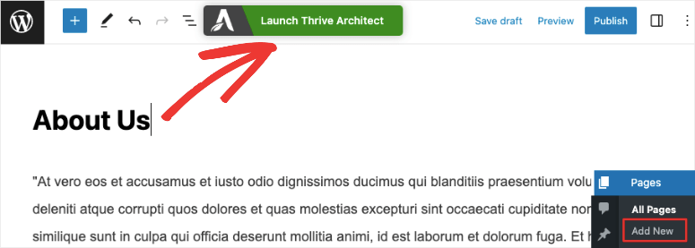 Launch Thrive Architect in wordpress page