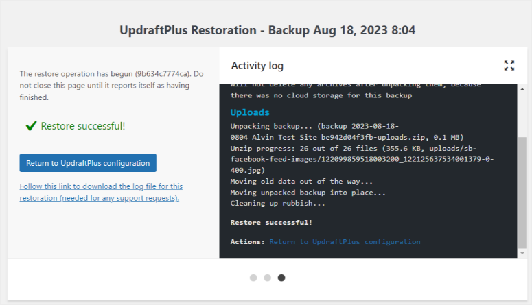 updraftplus recovery complete