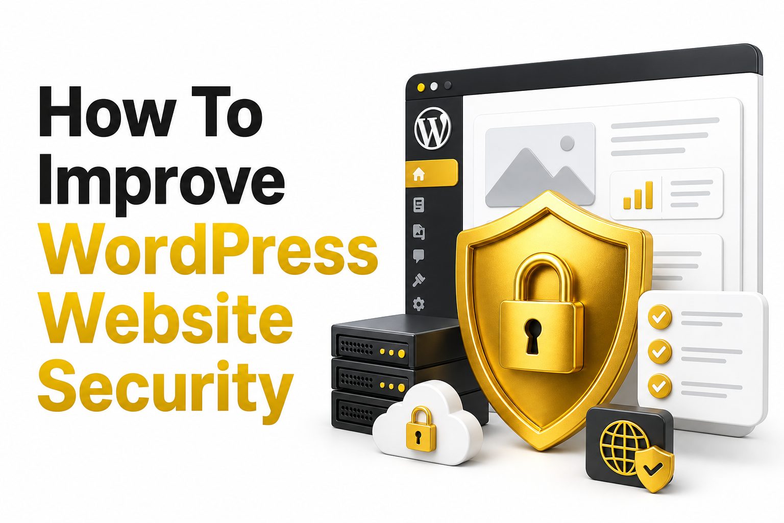 how-to-improve-wordpress-website-security WordPress security dashboard with shield icon and login protection indicators