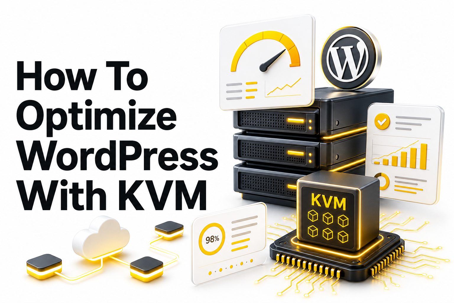 WordPress dashboard on a laptop connected to a high-performance KVM server